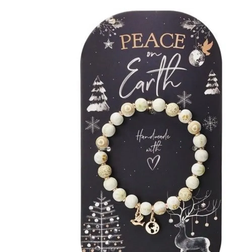 New Jilzarah Clay Beaded Bracelet Peace‎ on Earth Charms Dove Globe Winter Gold